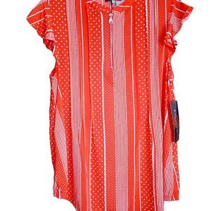 NWT COCOMO POLY/SPANDEX SILKY ORANGE RED/WHITE 1/4 ZIP TOP RUFFLE SLEEVES MEDIUM